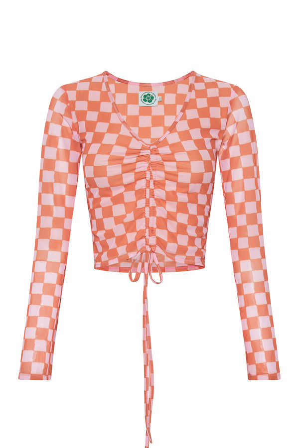 Check Mesh Ruched Long Sleeve - Pink/Orange