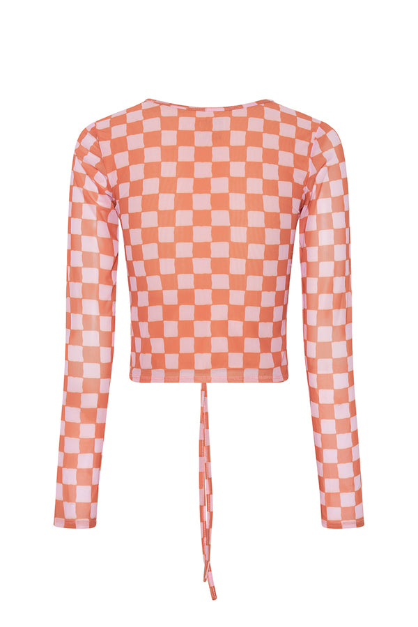 Check Mesh Ruched Long Sleeve - Pink/Orange