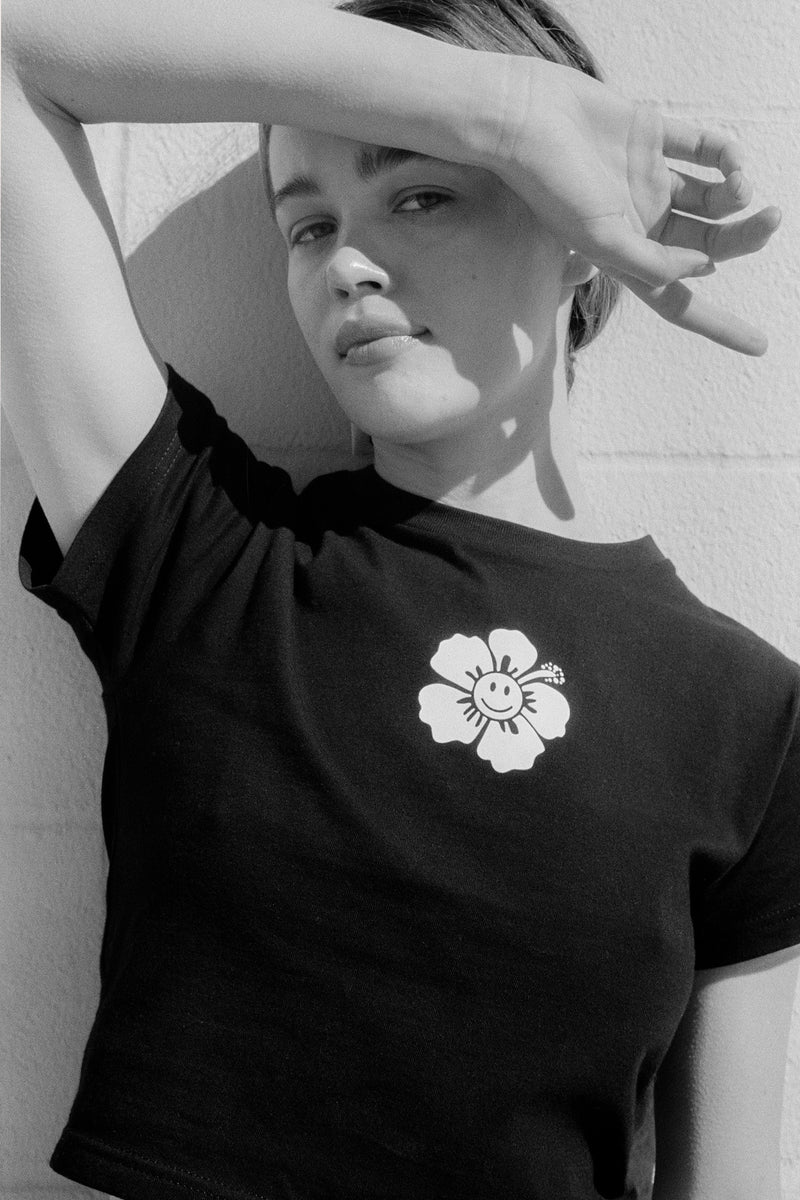 Happy Hibiscus Baby Tee - Black/White